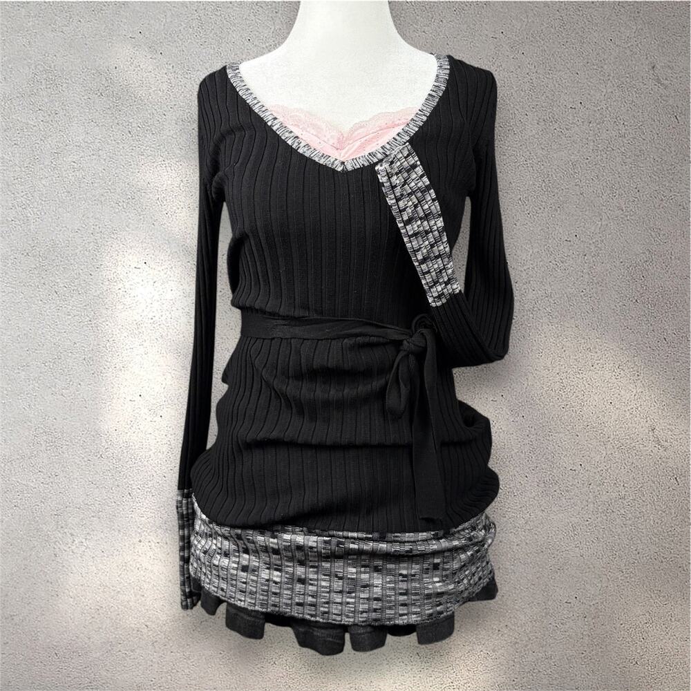 Y2K Ci Sono by Cavalini V-Neck Sweater Dress Women's M Black 2000s Downtown Girl